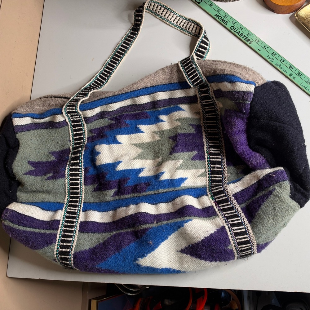 Vintage Southwestern Woven Wool Duffel Bag Purple Blue Geometric Weekender